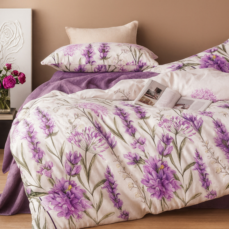 Pościel bawełniana biała w fioletowe kwiaty 160x200 3 el. L43