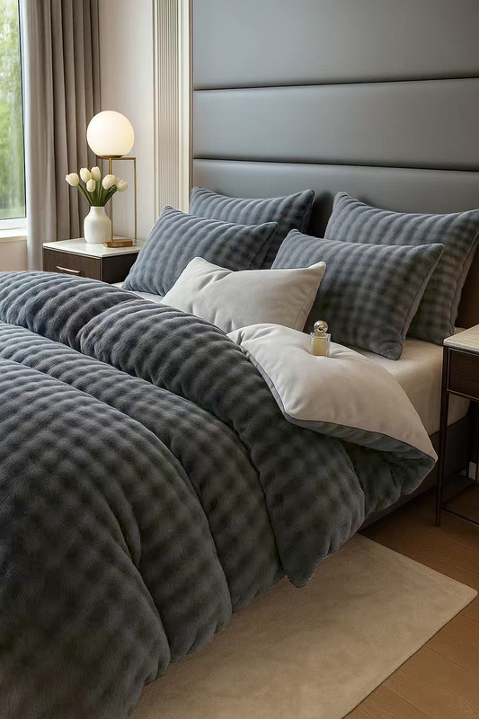 Pościel pluszowa zimowa miś tłoczona we wzór 3D BUBBLE 160x200 3 el. ciemna szara