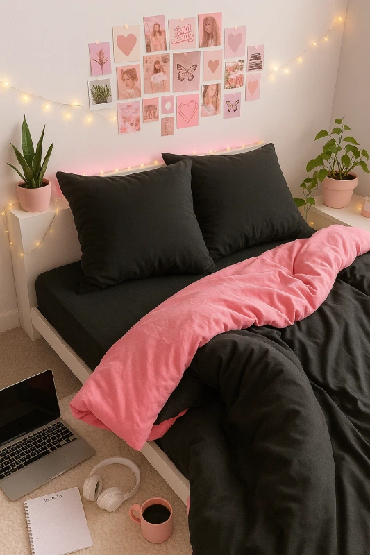 Pościel czarno-różowa dwukolorowa gładka 160x200 3 el. Blackpink F13
