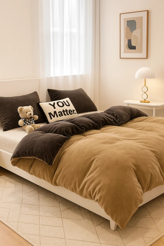 Pościel pluszowa welurowa zimowa miś gładka 200x220 4 el. jasna brązowa - ciemna brązowa