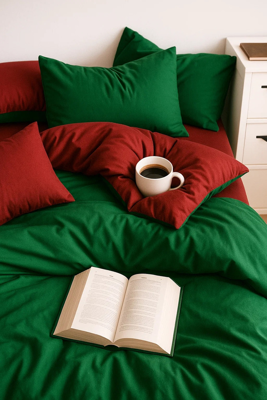 Pościel 200x220 4 el. z prześcieradłem z gumką gładka bez nadruku butelkowa zielona bordowa S-3