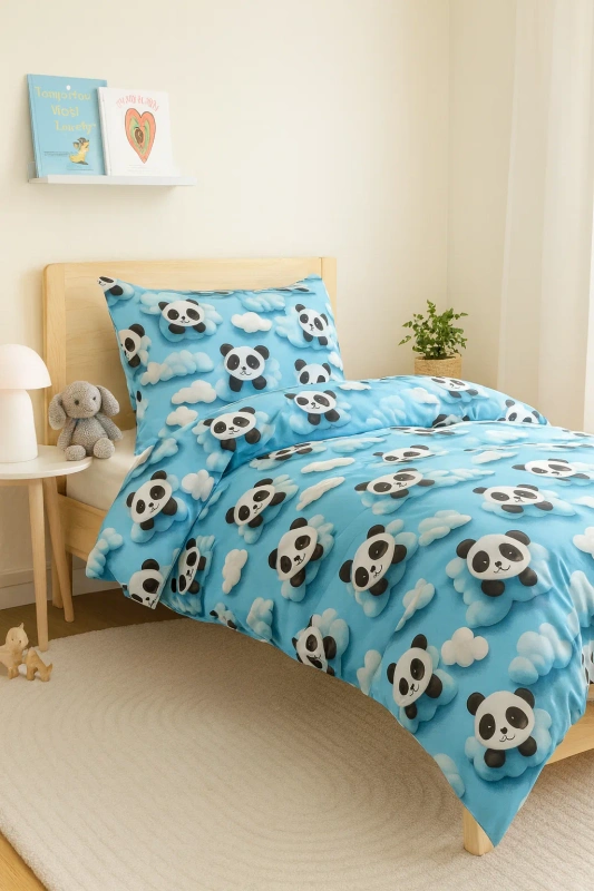 Pościel dziecięca niebieska w pandy 140x200 2 el.