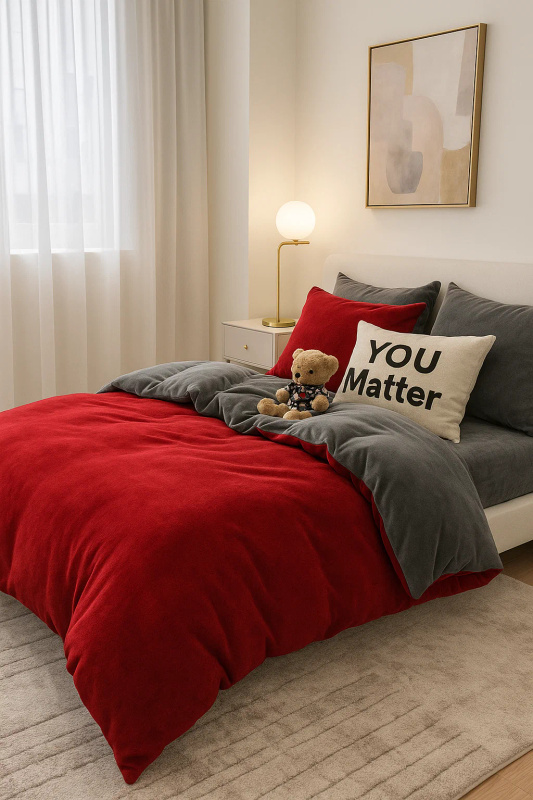 Pościel pluszowa welurowa zimowa miś gładka 160x200 3 el. czerwona - szara