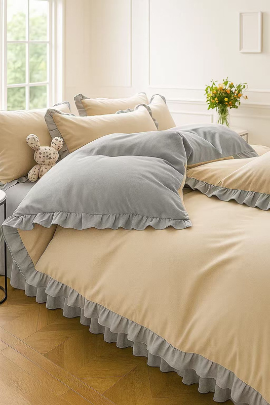 Pościel z falbanką beżowa i jasna szara 200x220 3 el. dwukolorowa FAB46