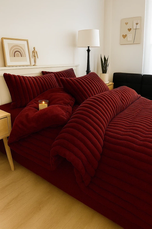 Pościel pluszowa zimowa miś tłoczona w grube szerokie pasy 160x200 3 el. bordowa