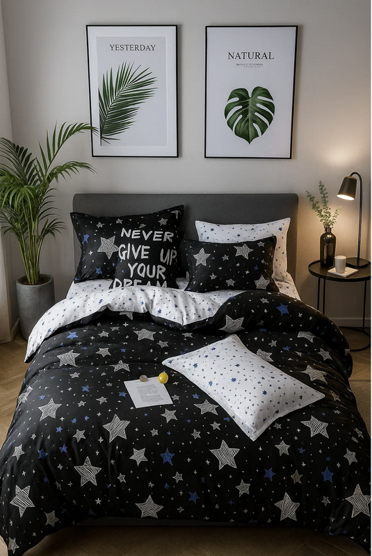 Pościel czarno-biała w gwiazdki 160x200 3 el. Valera C-002