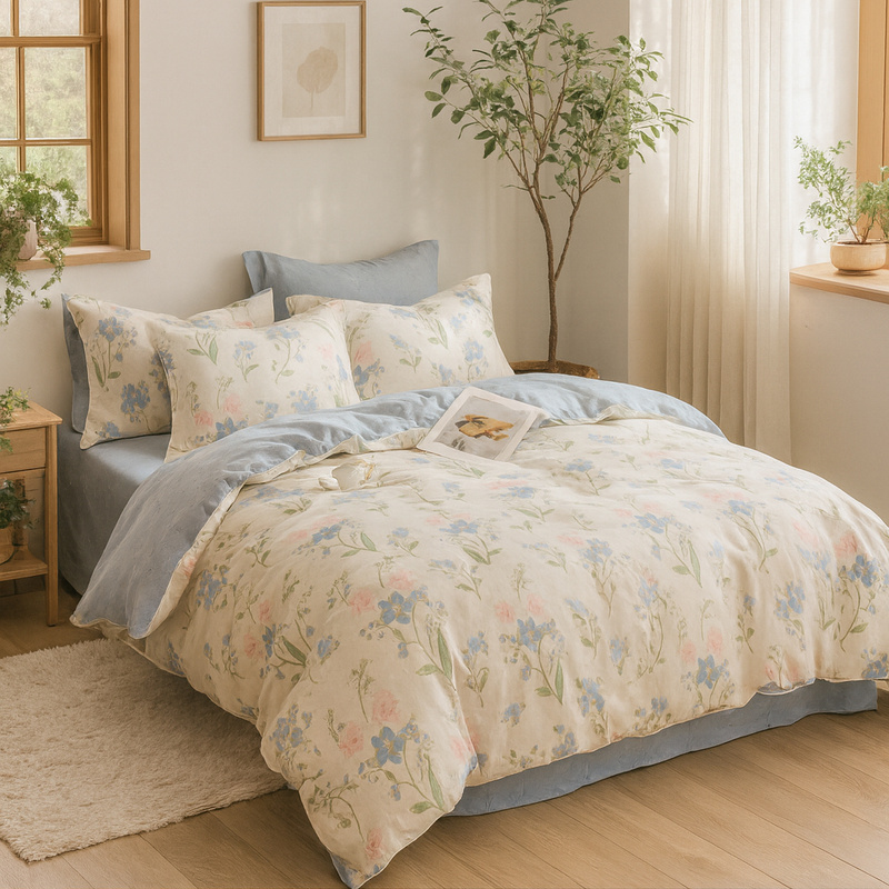 Pościel bawełniana biało-błękitna w kwiatki 200x220 3 el. L51