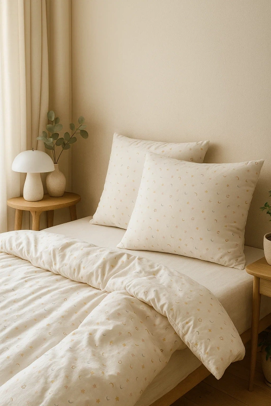 Pościel biała w gwiazdki i księżyce 160x200 3 el. Stars F17
