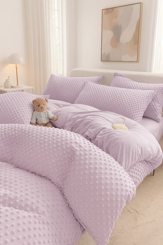 Pościel pluszowa zimowa miś w kropki 3D 200x220 3 el. MINKY lawendowa jasna fioletowa nr523