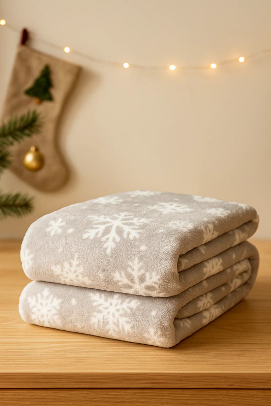 Koc świąteczny jasny szary w śnieżynki 160x200