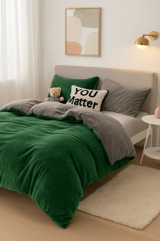 Pościel pluszowa welurowa zimowa miś gładka 200x220 3 el. butelkowa zielona - szara