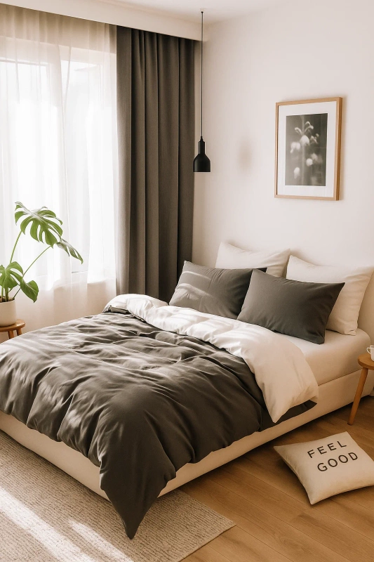 Pościel 200x220 3 el. gładka Ciemno szaro biała S-13