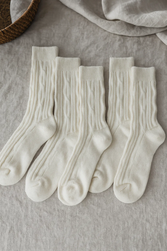 5-pak Skarpetki długie białe ecru z wełny merynosa wzór warkocz 39-42