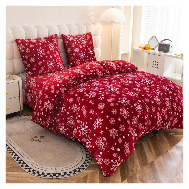 Pościel pluszowa zimowa miś świąteczna czerwona w śnieżynki 200x220 3 el.