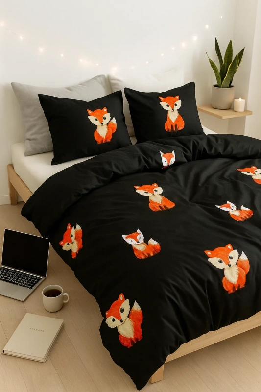 Pościel czarna w lisy liski Fox 160x200 3 el.