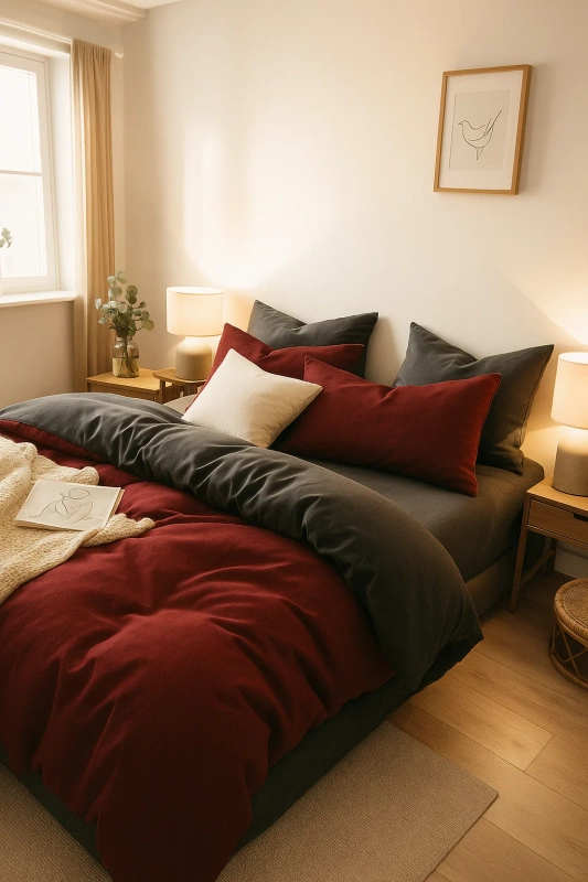 Pościel 200x220 4el gładka bordowo szara S-5