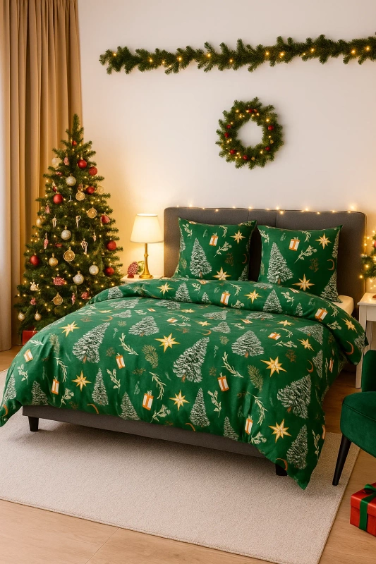 Pościel świąteczna zielona w choinki 160x200 3 el.