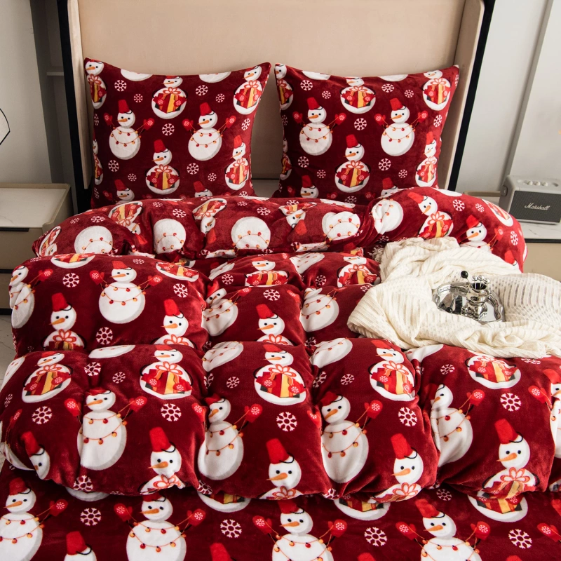 Pościel pluszowa zimowa miś świąteczna czerwona w bałwany 200x220 3 el.