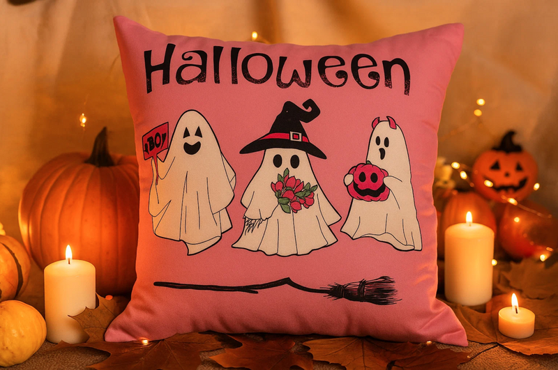 Poszewka na poduszkę Halloween różowa w duszki 40x40 PINK GHOSTS