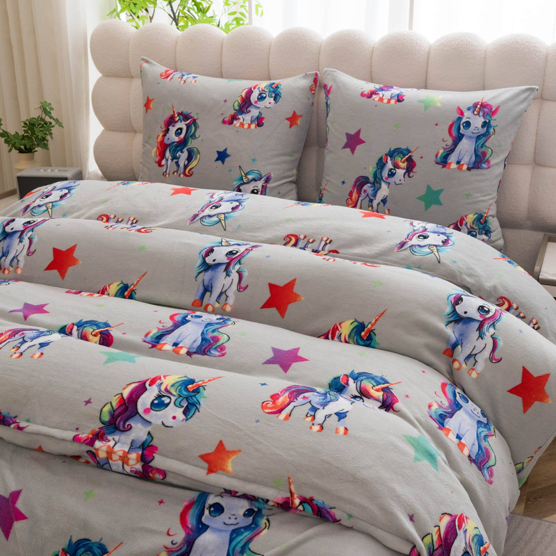 Pościel pluszowa zimowa miś jasna szara w jednorożce 160x200 3 el.