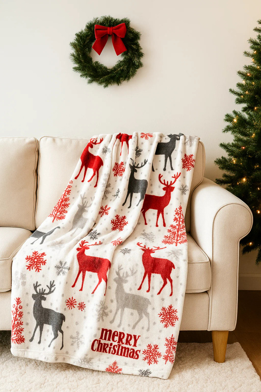 Koc świąteczny biały w renifery 160x200