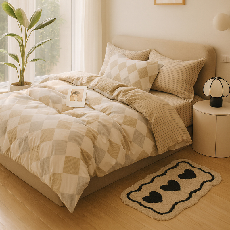 Pościel bawełniana beżowa w romby 160x200 3 el. L20