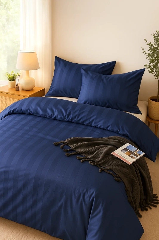 Pościel w pasy granatowa 200x220 3 el. Kim Navy Blue