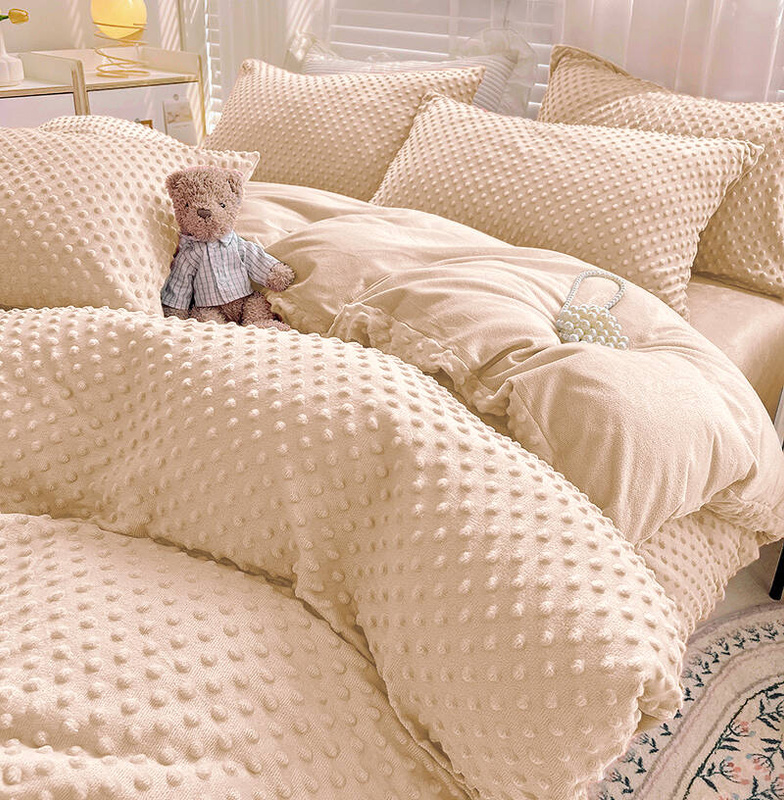 Pościel pluszowa zimowa miś w kropki 3D 200x220 3 el. MINKY ciepła beżowa nr512