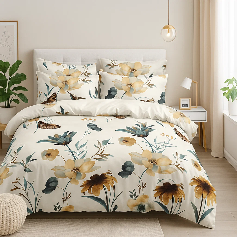 Pościel biało-beżowa w kwiaty 180x200 3el A078