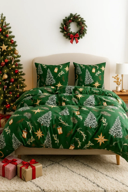 Pościel świąteczna zielona w choinki 160x200 3 el. 