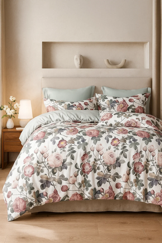 Pościel biało-szara w kwiaty 200x220 4 el. z prześcieradłem z gumką Manaus D-137