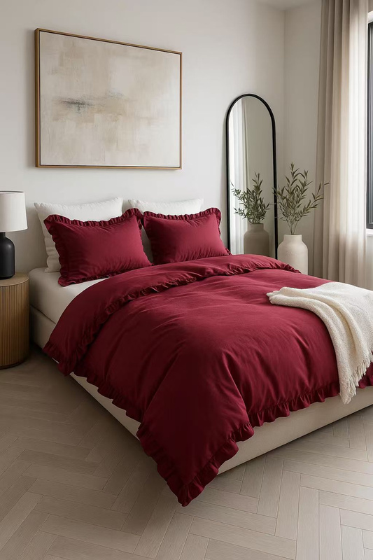Pościel z falbanką bordowa 160x200 3 el.