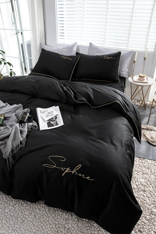 Pościel czarna ze złotym zdobieniem lamówka 160x200 3 el. FHL2605