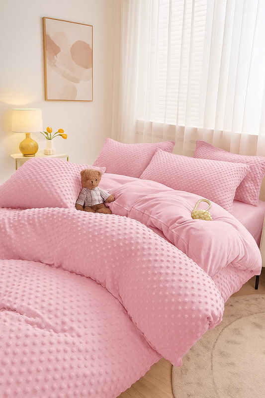 Pościel pluszowa zimowa miś w kropki 3D 200x220 3 el. MINKY jasny róż nr509