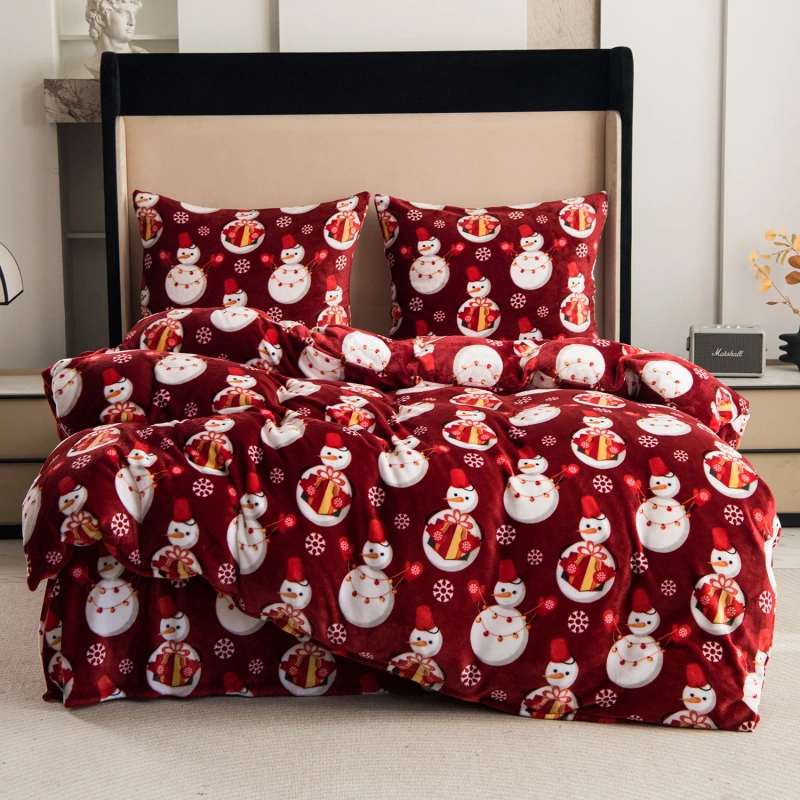 Pościel pluszowa zimowa miś świąteczna czerwona w bałwany 200x220 3 el.