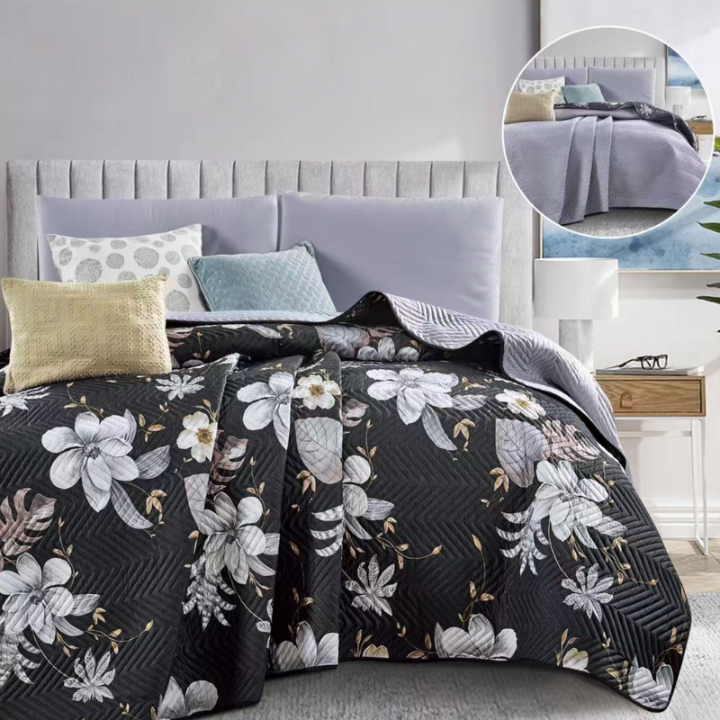 Kołdra letnia narzuta ozdobna dwustronna DIAMOND 160x200 czarna w kwiaty - jasna szara nr416