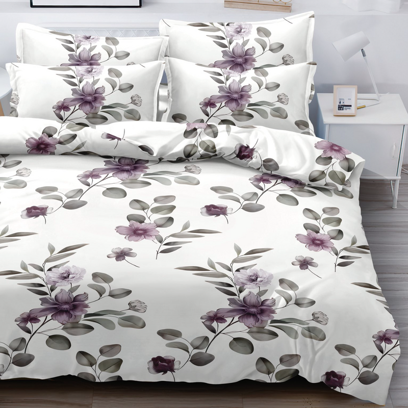 Pościel biało-fioletowa w kwiaty 180x200 3el A083
