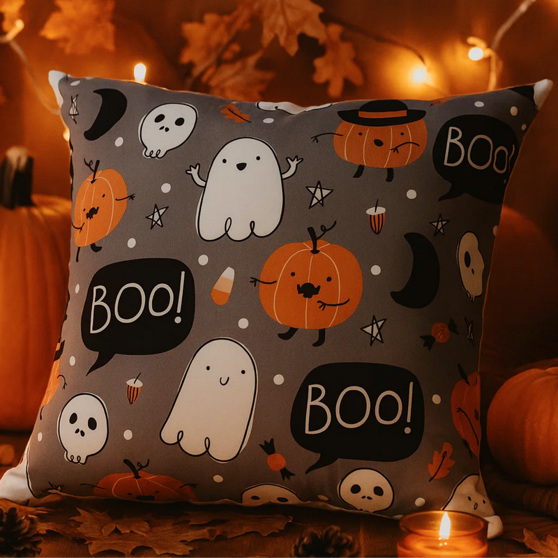 Poszewka na poduszkę Halloween szara w duszki dynie 40x40 BOO!