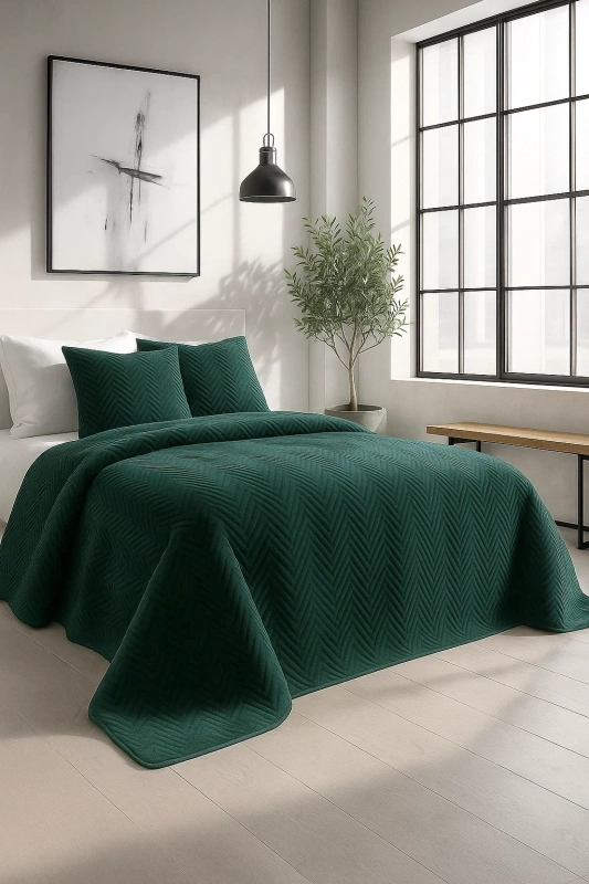 Narzuta dekoracyjna welurowa w jodełkę CHEVRON VELVET 200x220 butelkowa zielona