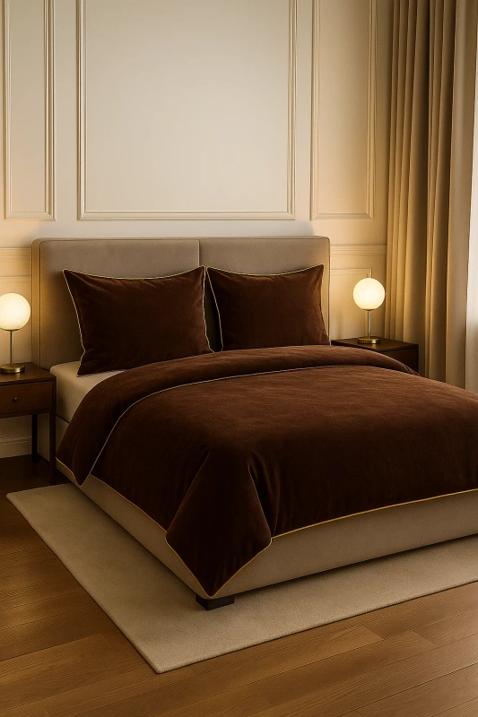 Pościel pluszowa z lamówką zimowa miś gładka 160x200 3 el. brązowa czekoladowa