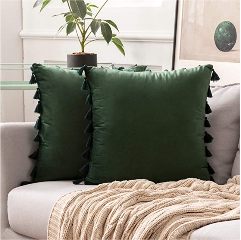 Poszewka na poduszkę dekoracyjna 40x40 butelkowa zielona frędzle