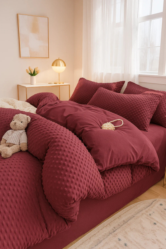Pościel pluszowa zimowa miś w kropki 3D 160x200 3 el. MINKY bordowa nr516