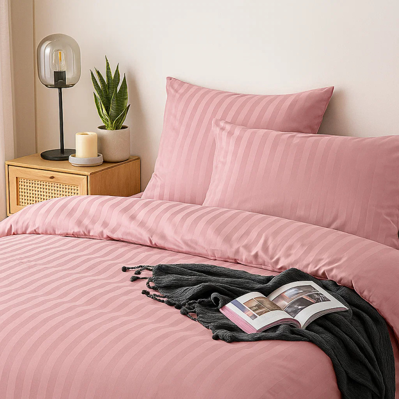 Pościel różowa w pasy 200x220 3 el. Kim Pink H-005