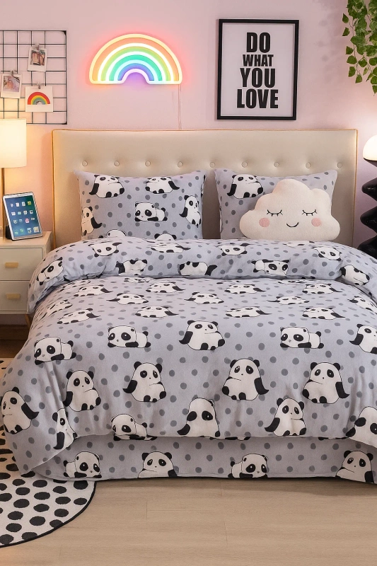 Pościel pluszowa zimowa miś jasna szara w pandy 160x200 3 el.