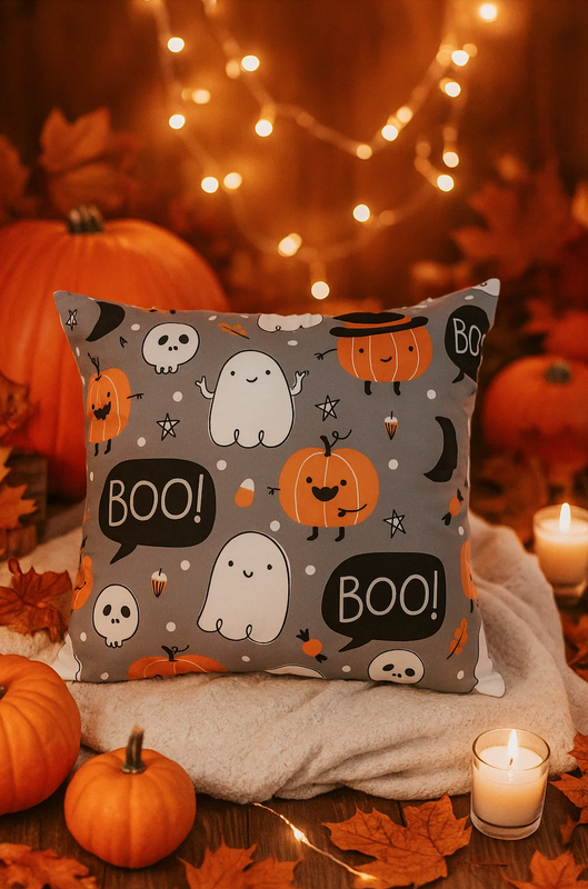 Poszewka na poduszkę Halloween szara w duszki dynie 40x40 BOO!