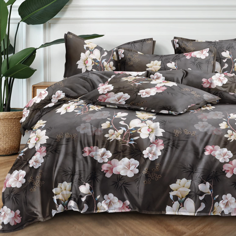 Pościel ciemna szara w kwiaty 160x200 4el A013