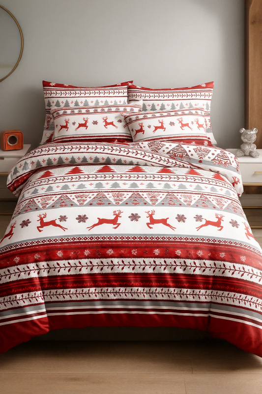 Pościel świąteczna biało-bordowa 160x200 3 el. A023