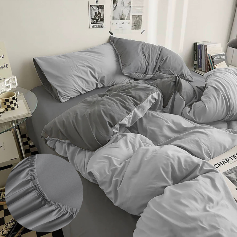 Pościel 200x220 4 el. z prześcieradłem z gumką gładka bez nadruku jasno-ciemno szara S-14/S-20/S-24