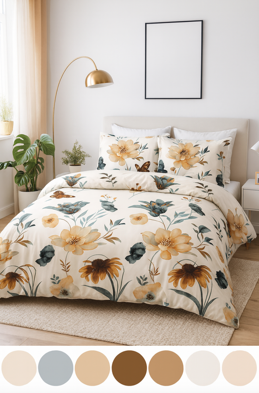 Pościel biało-beżowa w kwiaty 160x200 3 el. A078