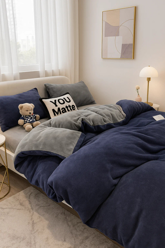 Pościel pluszowa welurowa zimowa miś gładka 160x200 4 el. niebieska - szara